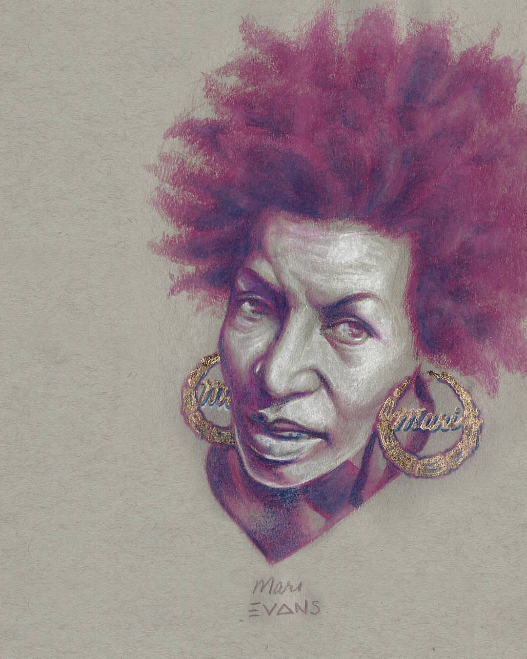 Portrait of a woman with an afro, wearing hoop earrings that bear the name Mari.