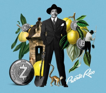 billionaire Brock Pierce against a backdrop of traditional Puerto Rican imagery