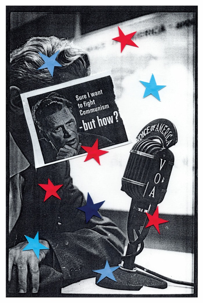 red and blue stars over an archival photograph of man talking into radio microphone
