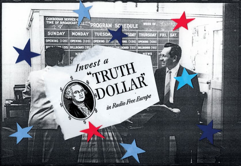 two men pose in front of a chalkboard superimposed with an ad noting "Invest a Truth Dollar in Radio Free Europe" 
