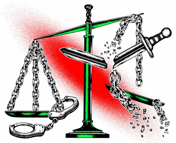 The scales of justice break, weighed down by handcuffs.
