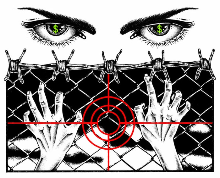 Eyes with dollar sign pupils take aim at a pair of hands gripping a chain link fence.