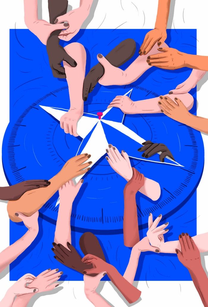 A diverse group of disembodied forearms hold each other as they cling to the cardinal directions on a compass.