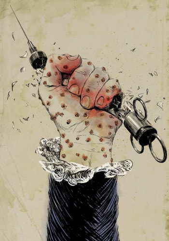 A hand covered in smallpox pustules squeezes a vaccine vial until it breaks in its fist, illustrating the inherent self-harm of the anti-vax movement.