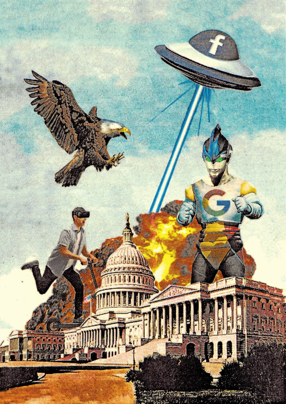 A flying saucer and a ten-story robot emblazoned with the Facebook and Google logos destroy the Capitol Building alongside a giant eagle and a man riding an electric scooter with virtual reality goggles. There are explosions.