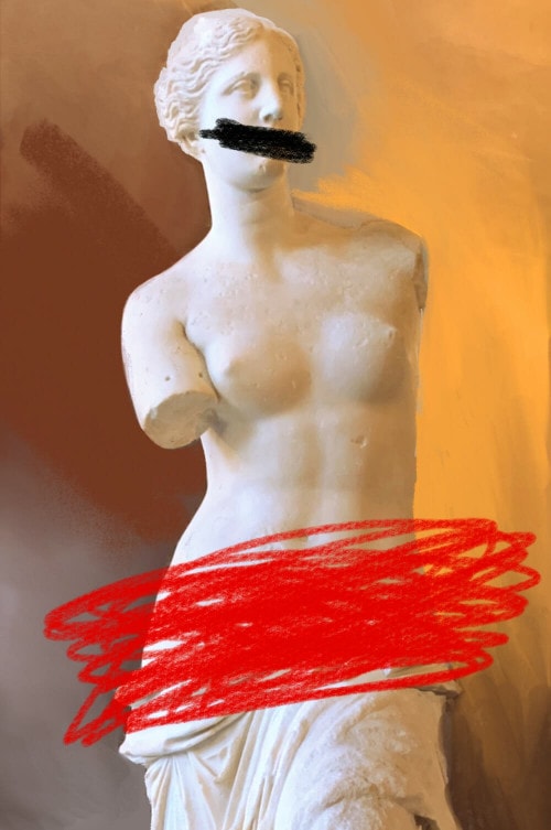 A statue of Aphrodite has a black bar graffitied over her mouth, and red computer paint scratched over her genitals.