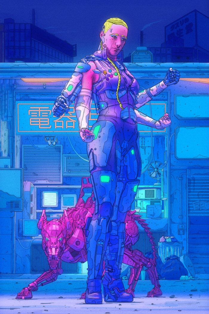 A four-armed woman in futuristic garb poses with a robotic dog in front of a neon-tinted Japanese business sign.