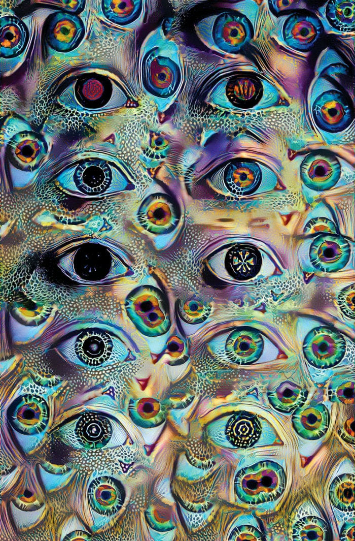 A collage of psychedelic eyes peer at the viewer.