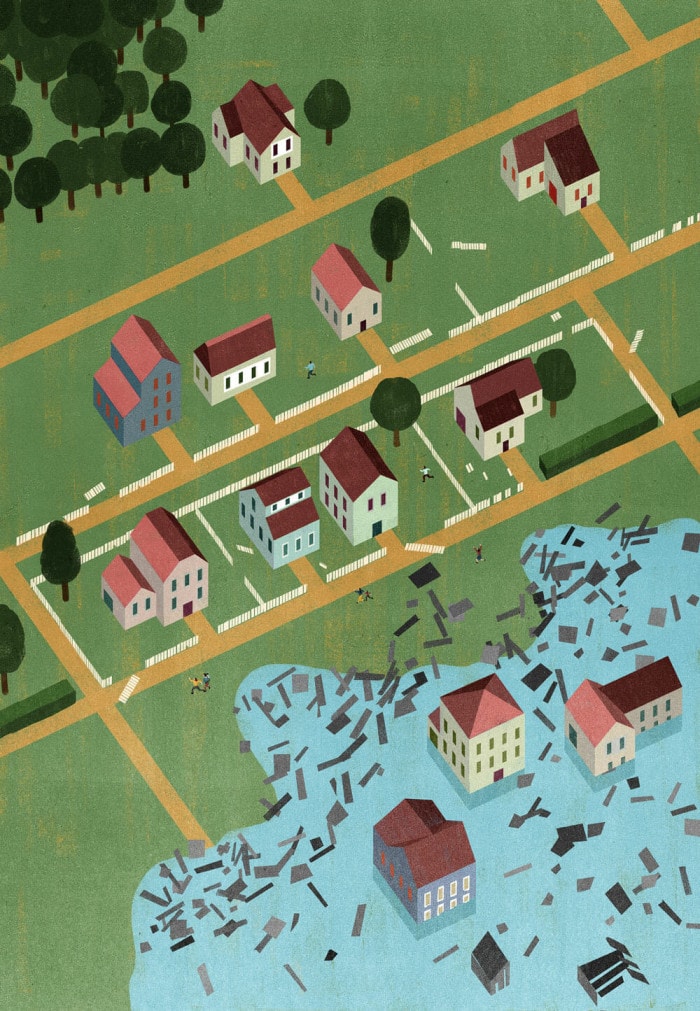 An artist’s rendering of a flooded Houston neighborhood. Bits of flotsam delineate the tide’s farthest-reaching point, while houses just beyond remain untouched, bordered by white picket fences.