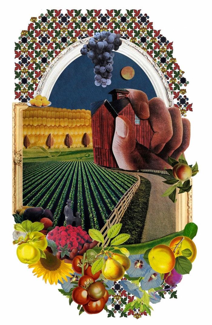 A collage made of colorful farming-related images: A giant hand wraps around a barn in front of a wall made from an ear of corn. Blueberries form a smoking chimney.