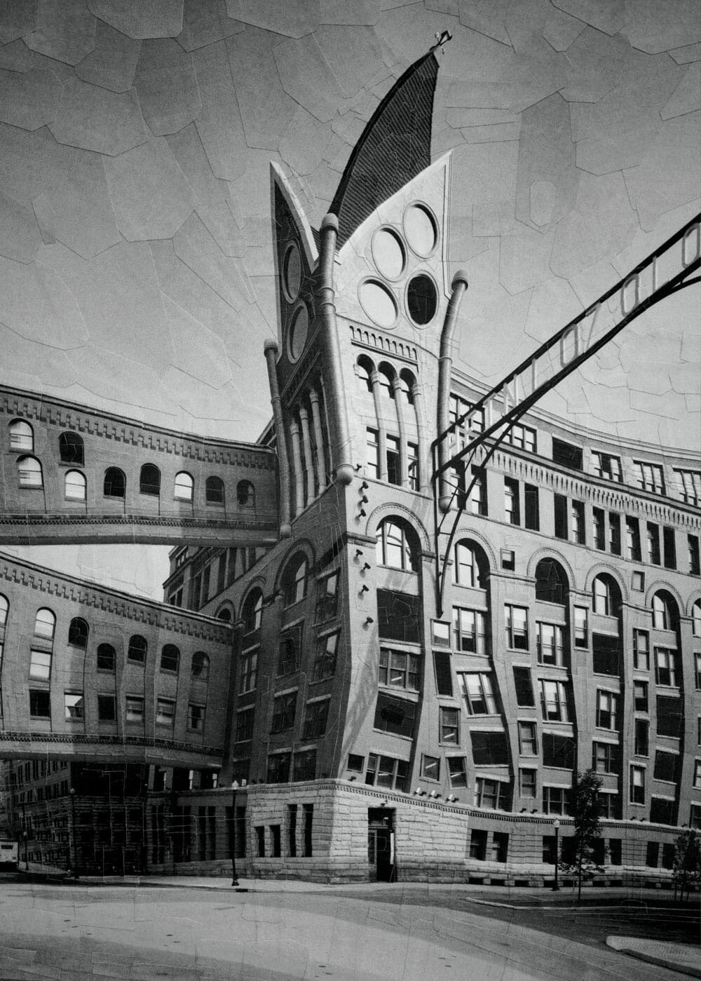 A surrealist greyscale rendering of an industrial building, with mismatched windows placed haphazardly all over. Two skyways connect it to another, unseen building.