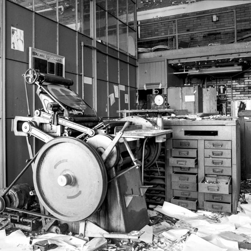 A photograph by Jeremy Blakeslee showing a ransacked room in Detroit’s abandoned Cass Technical High School.