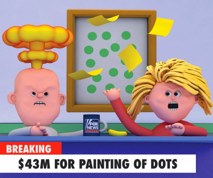 Cartoon rendering of two news presenters throw their papers up in outrage, steam rising from one of their heads. A chyron reads: “Breaking: $43 million for painting of dots.”