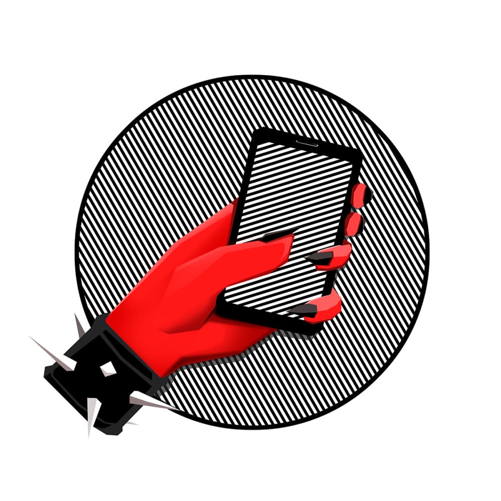 A red hand with black nails and a punk bracelet holds a smartphone.