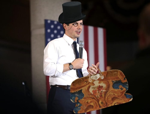 Pete Buttigieg with top hat, monocle, and carpet bag.
