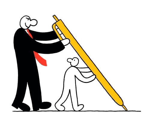 A mean-faced Business Boss controls a giant pen while his underling, trying to use the same pen, looks up in confusion.