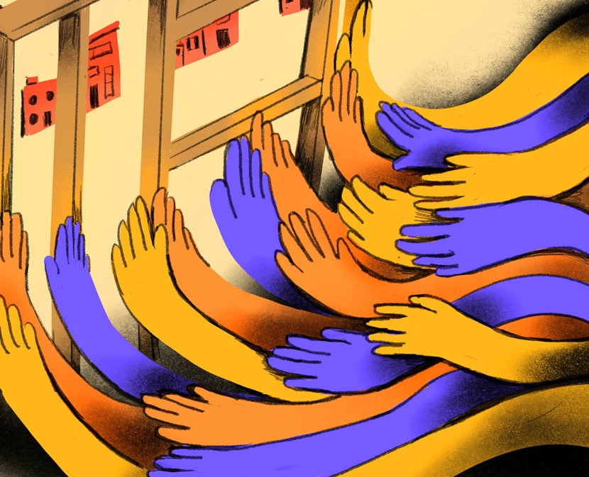 Flowing hands push up against the support frame of a house.