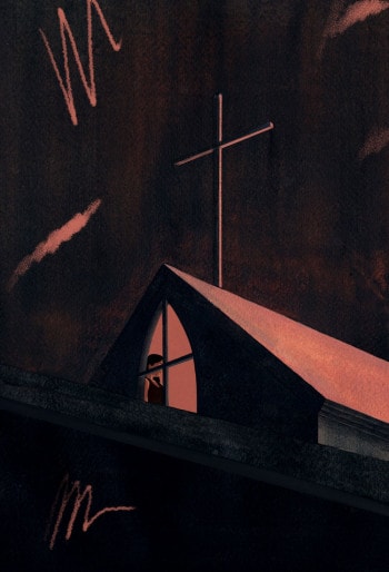 A woman is seen in the attic window of a Christian church, the cross standing menacingly above her.