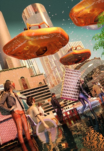 A futuristic city is plagued by a flood as its citizens stand up to their ankles in water.