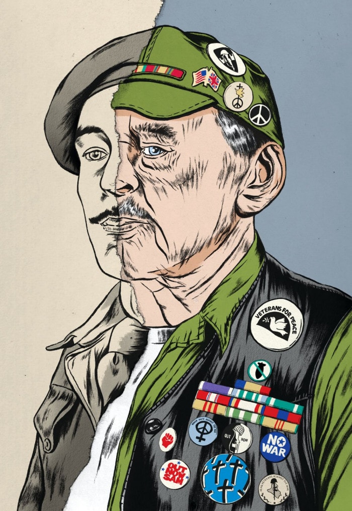 A portrait of a veteran is split in half: On the left, his younger self in a military uniform. On the right, he has transformed into an older man in anti-war regalia.