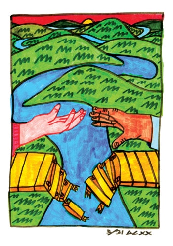 Two people stretch out their hands to each other over a river as a bridge collapses in the background.