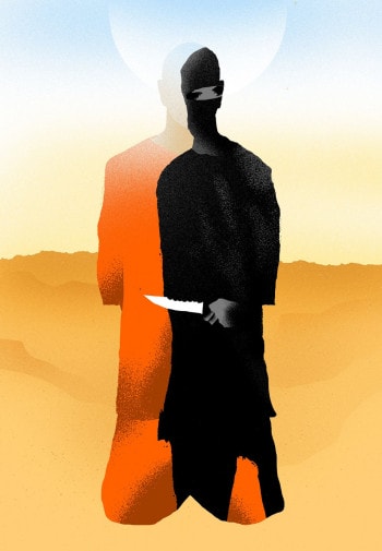 A hooded silhouette standing in a desert holds a knife.