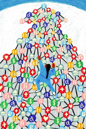 A woman climbs a mountain composed of symbols from public signage, representing the hurdles she has to overcome.