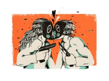 Two post-apocalyptic scavengers kiss through the gas masks as one holds a gun and the other a knife.