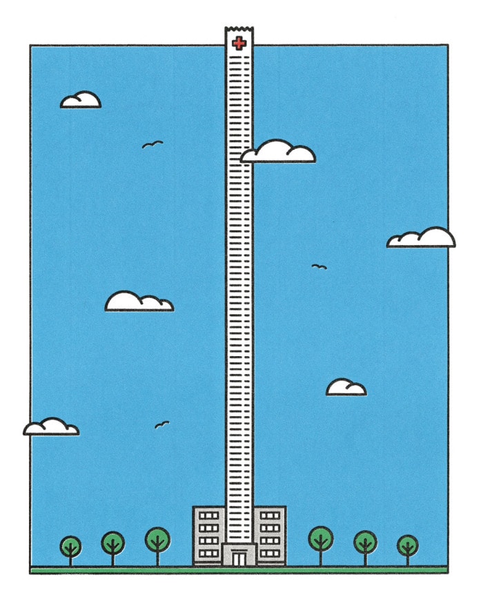 A hospital tower stretches into the sky, its design reminiscent of a very long receipt.