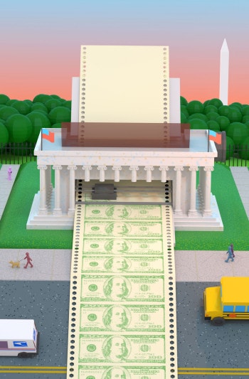 The U.S. treasury rendered as a giant printer printing off an endless strip of hundred dollar bills.
