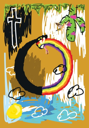 A black snake eats its own tail, which is a rainbow. In the background, the sky is upside down.