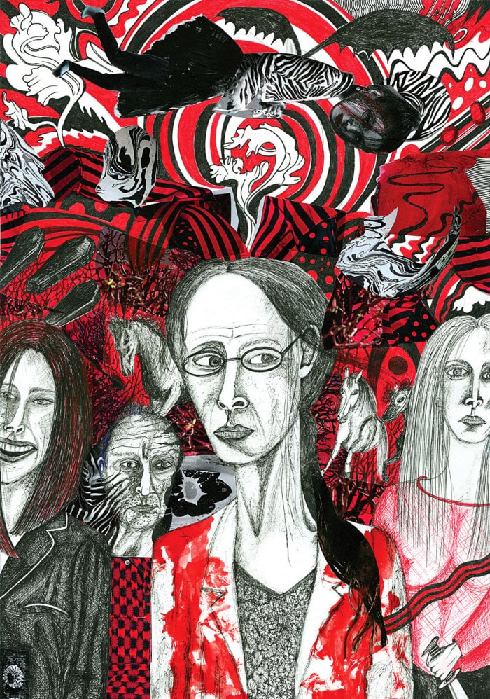 A red, white and black illustration of different characters from the films being reviewed in this piece set against a psychedelic background.