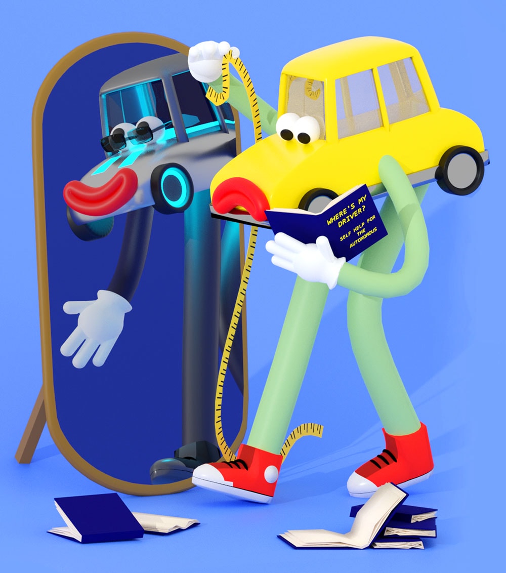 A nervous, anthropomorphic car measures how tall it is in front of a mirror. It holds a book titled, “Where’s My Driver? Self Help For The Autonomous.”
