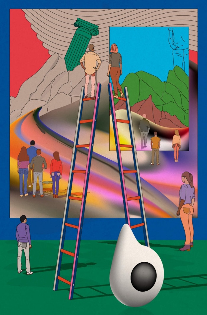 Eleven people stare off into the distance, away from the viewer. They are standing in a museum, two of them at the top of ladders. They seem to be staring at an abstract image of a mountain range.