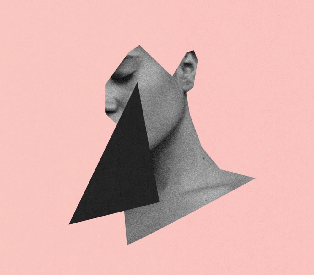 A cutout of a woman’s neck and face is spliced onto a salmon pink background. A black isosceles triangle obscures part of her face.