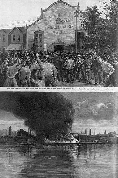 The mob assailing the Pinkerton men on their way to the temporary prison / drawn by Charles Mente after a photograph by Dabbs, Pittsburg -- The burning barges / from a photograph by Dabbs, Pittsburg.