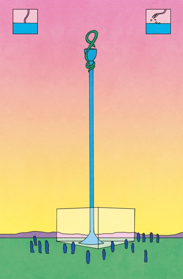 A blue column goes upward while the shadows of people crowd down below. The top of the column seems to be a goblet with a snake wrapped around it.