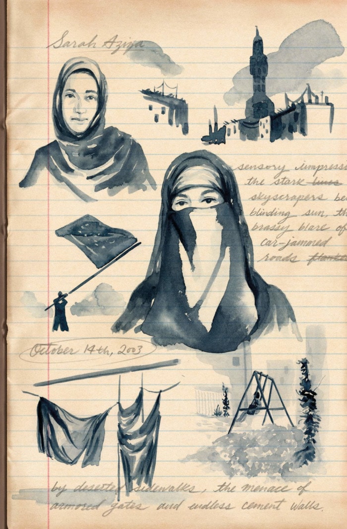 A notebook with various sketches of Saudi Arabic imagery next to handwritten notes.