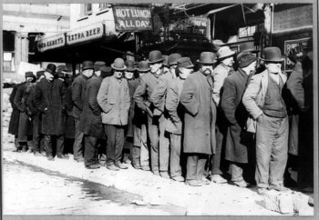 Bowery men waiting for bread in bread line, (New York City), 1910 George Grantham Bain, Library of Congress.