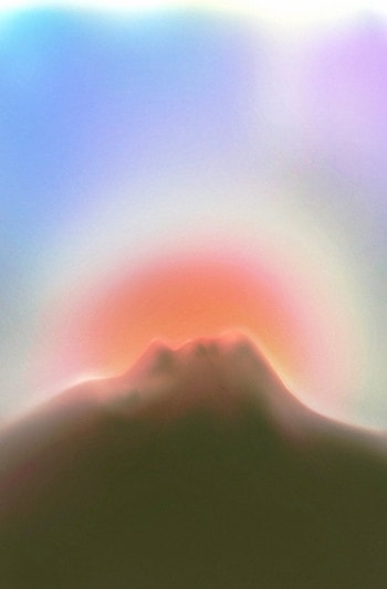 A person is laying down on their back but only the shadow of their face is in the frame. Behind them is an orange halo lifting upwards.
