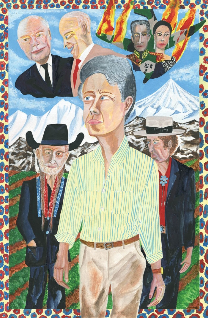 Jimmy Carter with Bob Dylan and Willie Nelson around him.