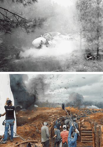 On the top is a black and white photograph of a Vietnam War era aircraft on fire. Below it is a photograph of a film set of a Civil War-era movie.