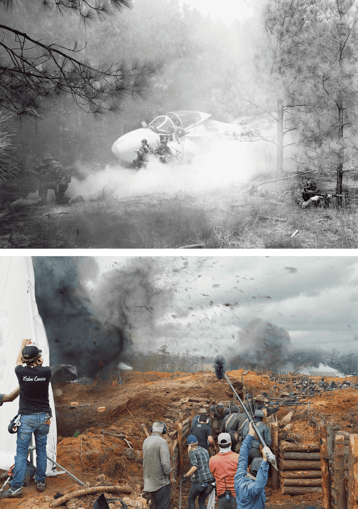On the top is a black and white photograph of a Vietnam War era aircraft on fire. Below it is a photograph of a film set of a Civil War-era movie.