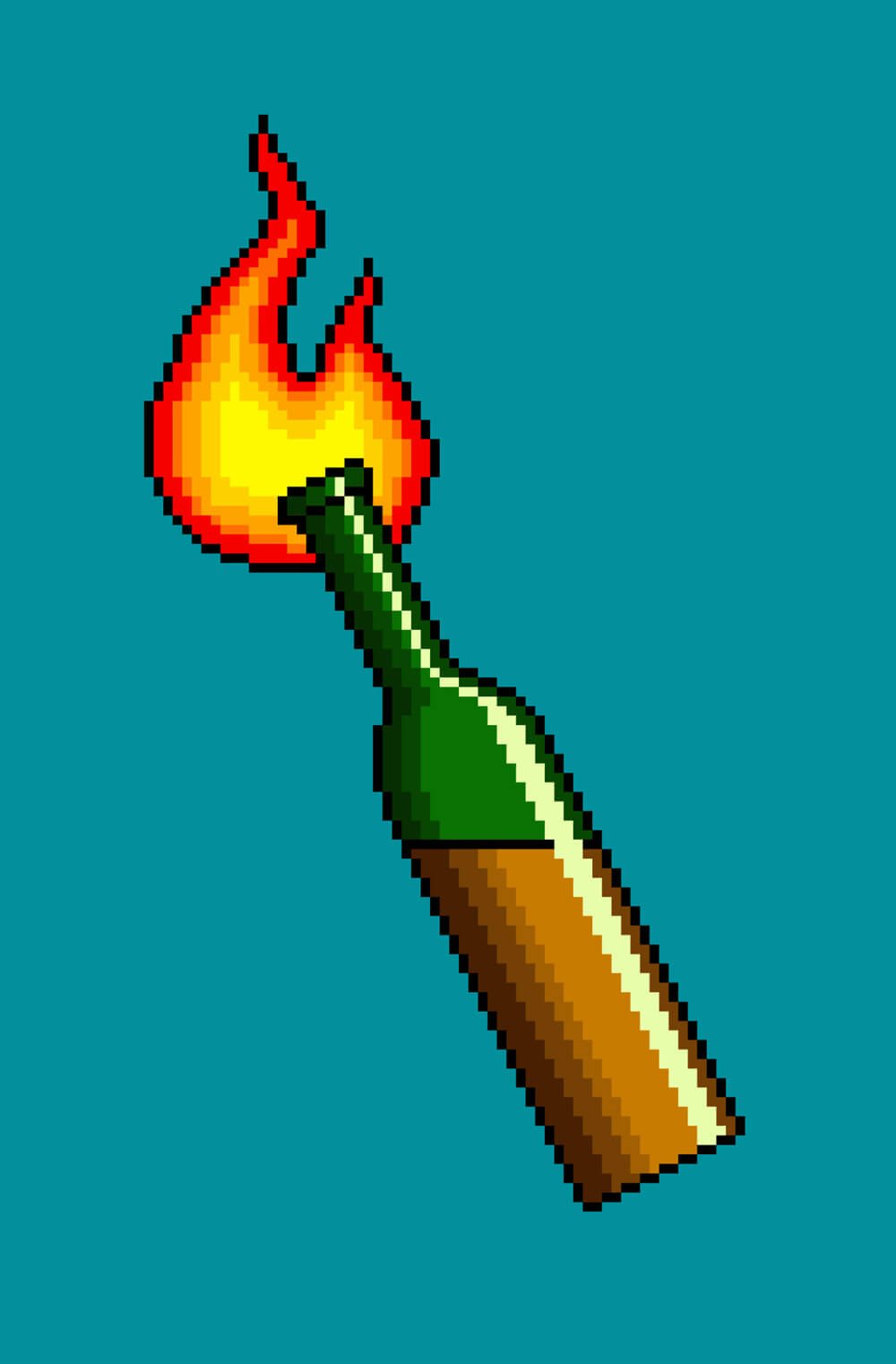 An 8-bit-style illustration of a molotov cocktail.