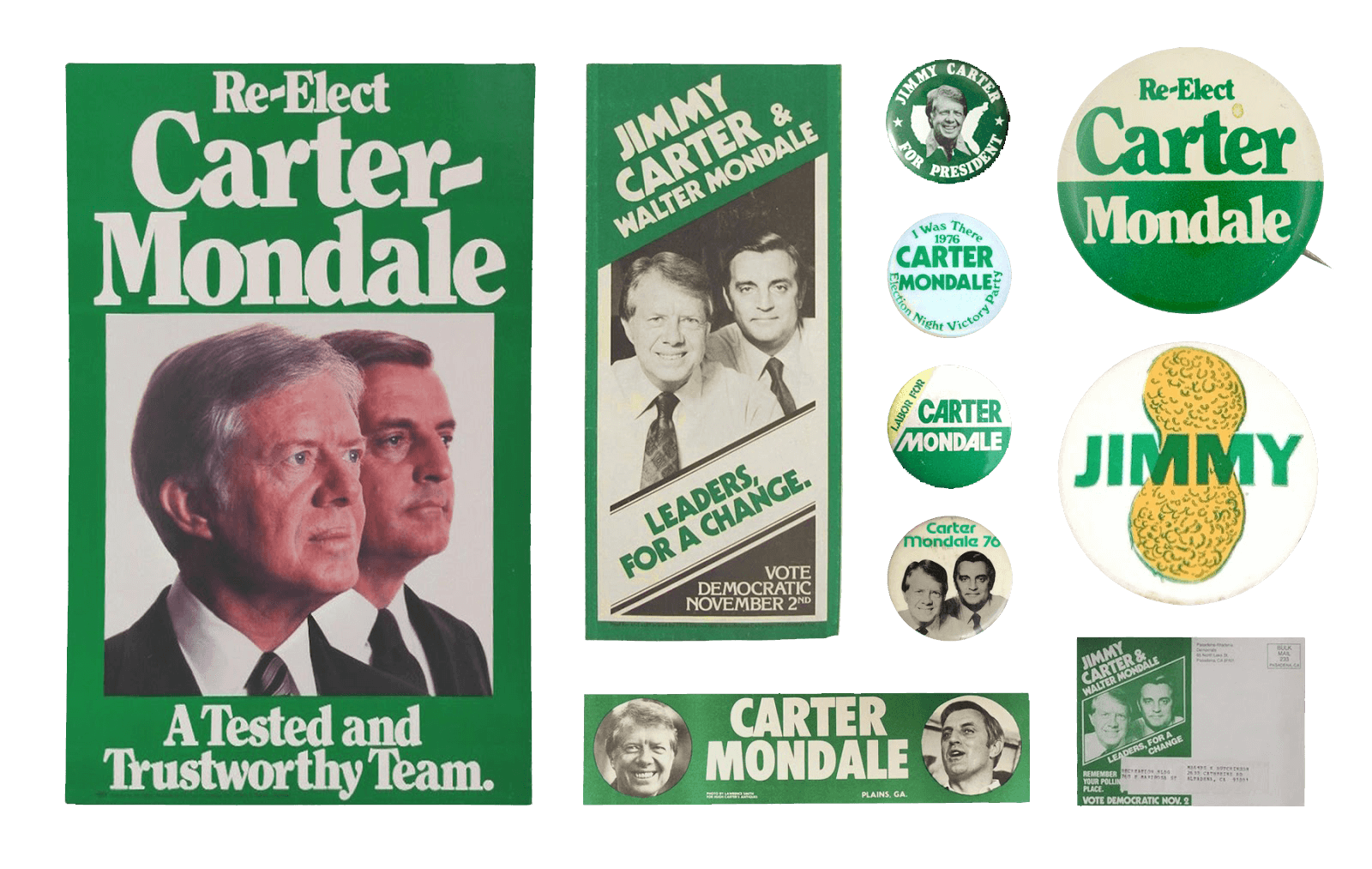 “Re-Elect Carter-Mondale” campaign visuals from 1980. “A Tested and Trustworthy Team.”
