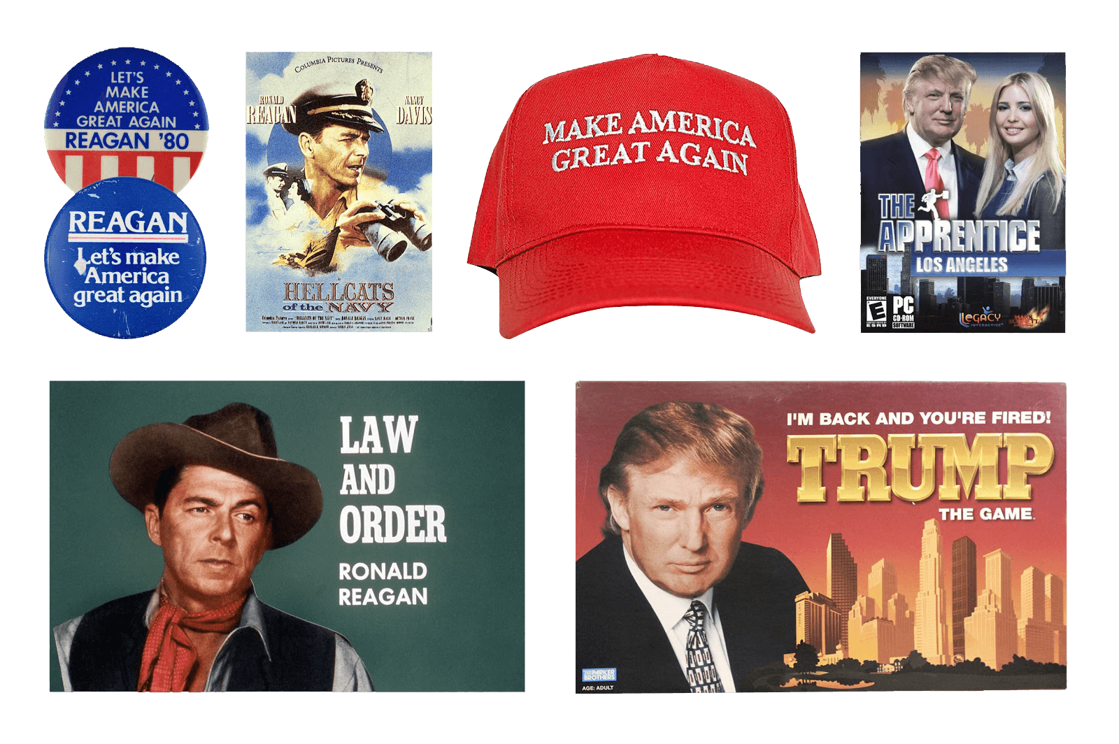 Trump and Reagan imagery juxtaposed together to show the similarities between the visual styles.