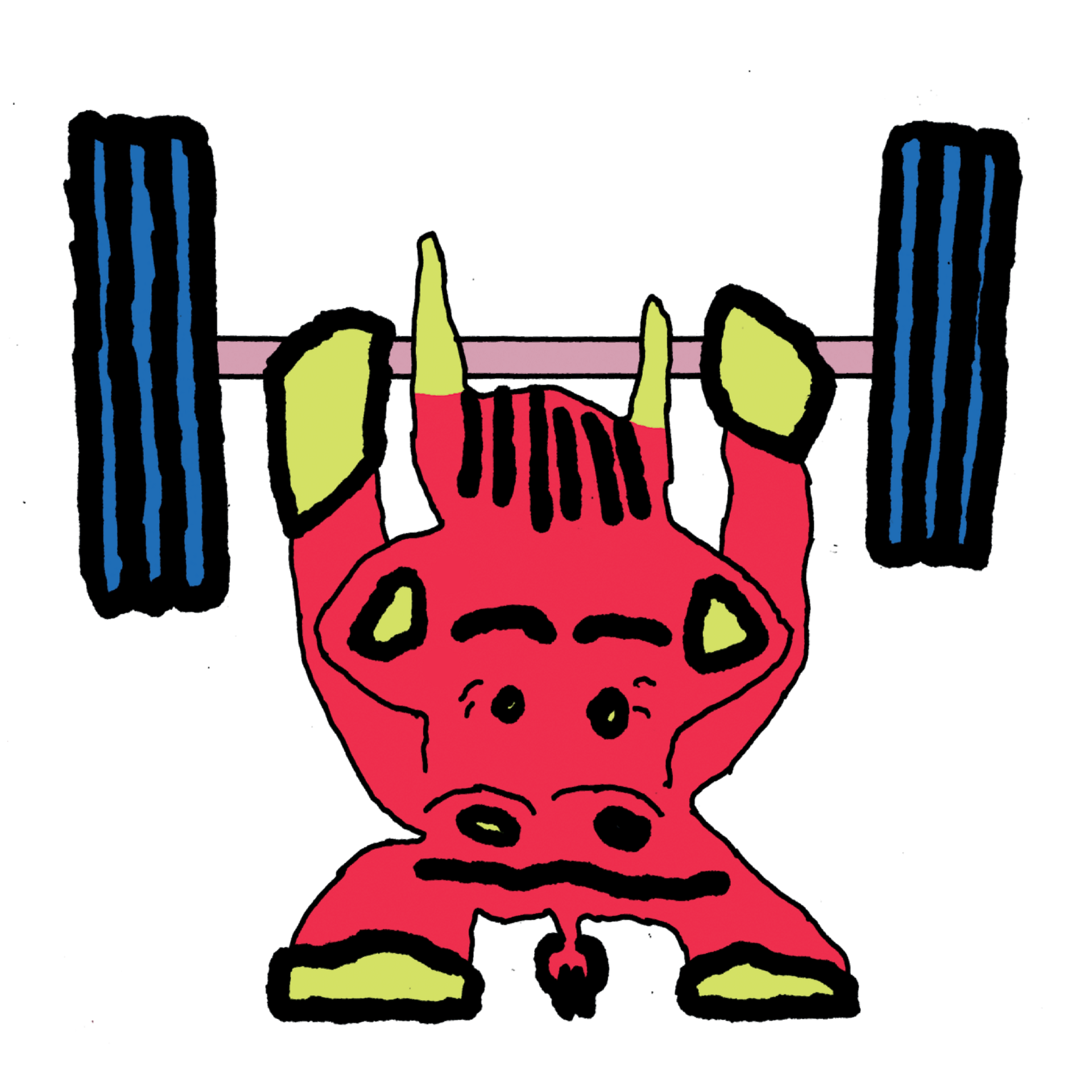 A bull does squats while bench pressing comically large weights.