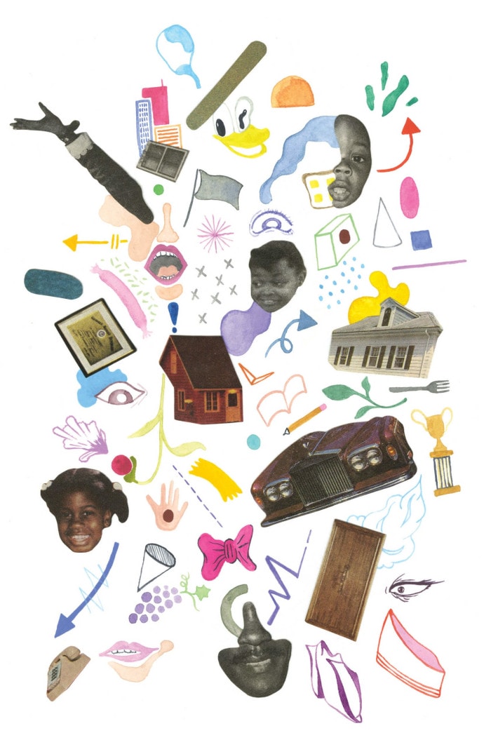 Collaged iconography relating to a black woman’s experience in the United States.