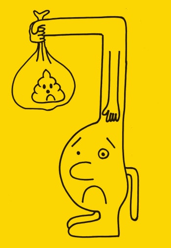 A sad looking blob creature with a tail and weird arms holds up a frowning pile of poop wrapped in a clear plastic bag.