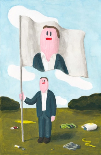 A person with a thumb-like face holds a pole that has a flag of himself on it. There’s trash scattered on the ground around him.